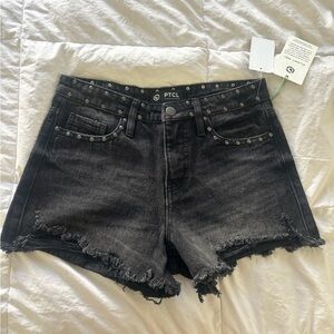 PTCL Black Distressed High-Rise Denim Shorts with Stud Detail
